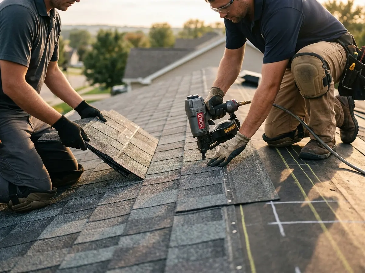 Professional roofer working on a residential roof in Rochester